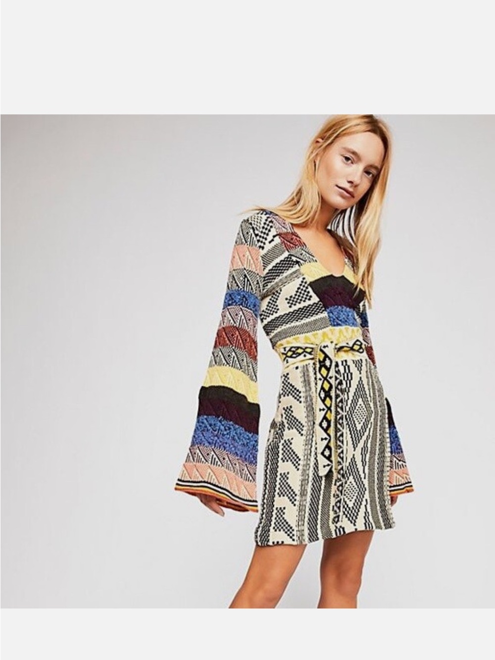 Free People Patchwork Sweater Dress Medium Belted Bell Sleeve Boho